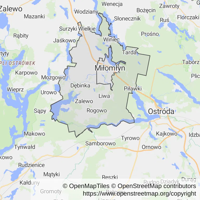 Mapa z zaznaczonym Miłomłynem