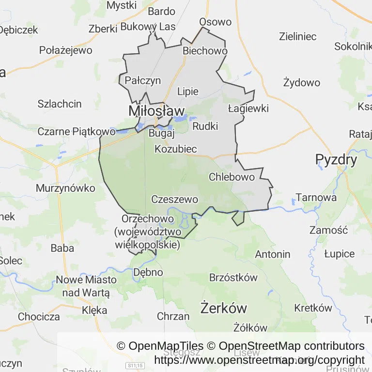 Mapa z zaznaczonym Miłosławiu