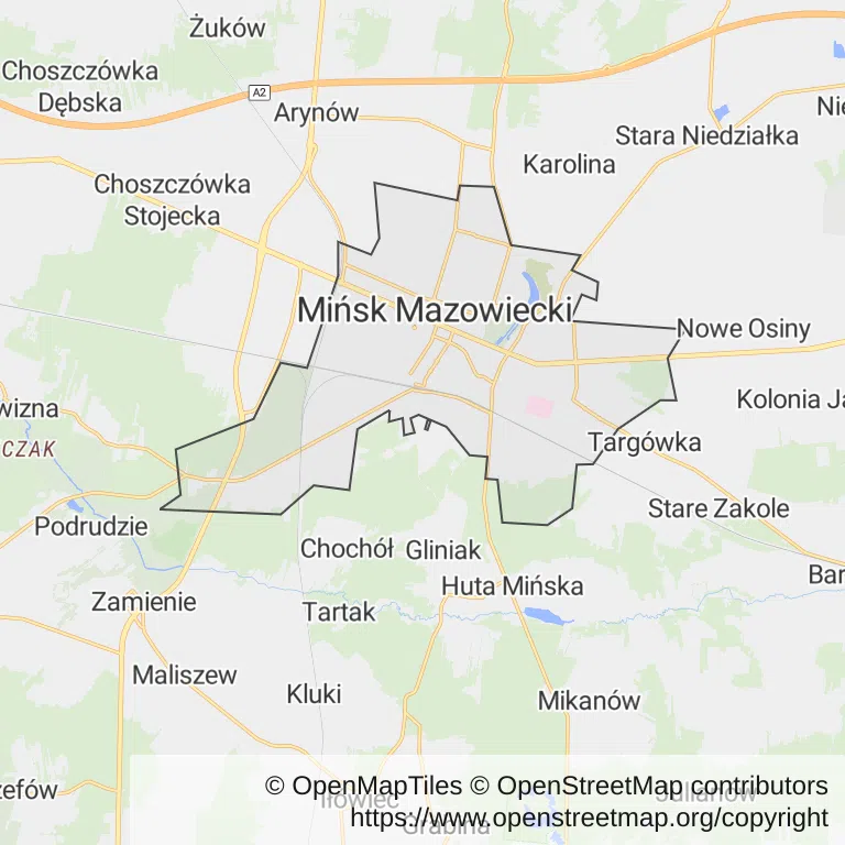 Mapa z zaznaczonym Mińsku Mazowieckim