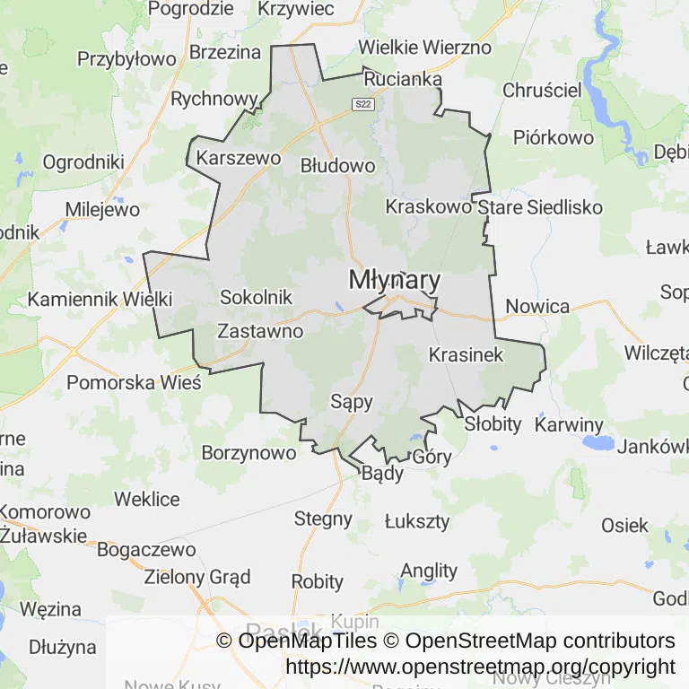 Mapa z zaznaczonym Młynarami