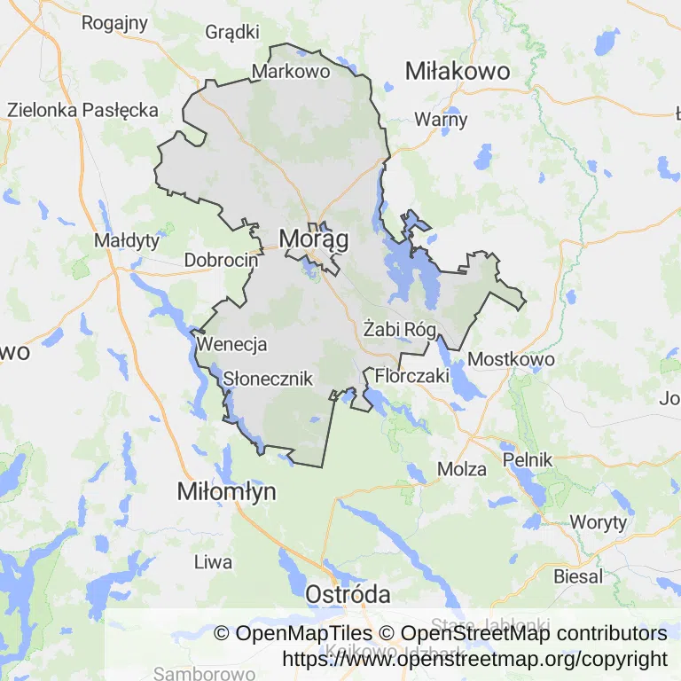 Mapa z zaznaczonym Morągiem