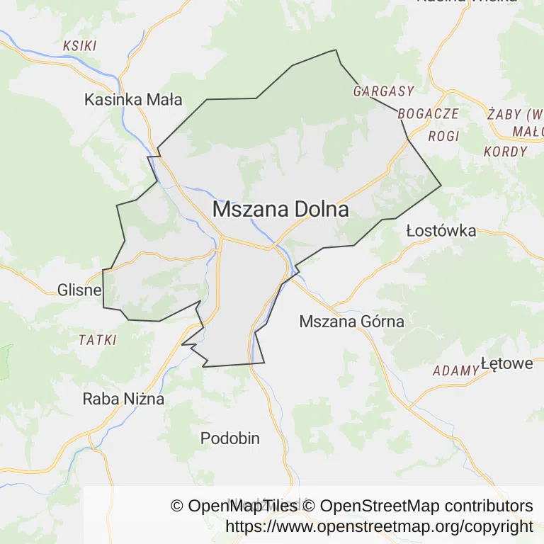 Mapa z zaznaczoną Mszanie Dolnej