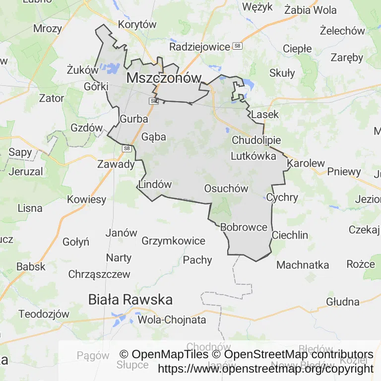 Mapa z zaznaczonym Mszczonowem