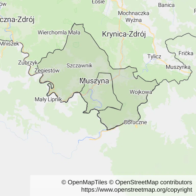 Mapa z zaznaczoną Muszynem