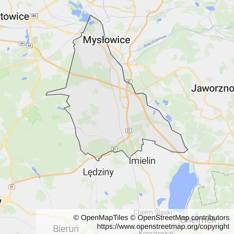 Mapa z zaznaczonymi Mysłowicami