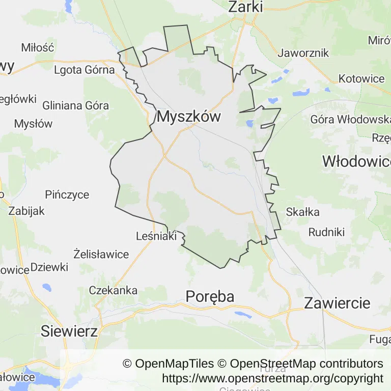 Mapa z zaznaczonym Myszkowem