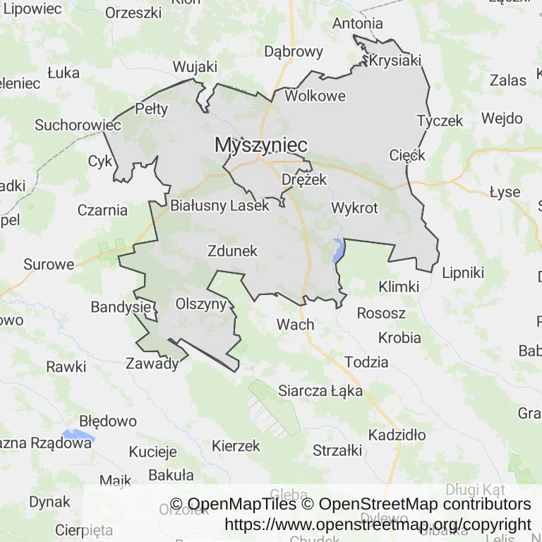Mapa z zaznaczonym Myszyniecu