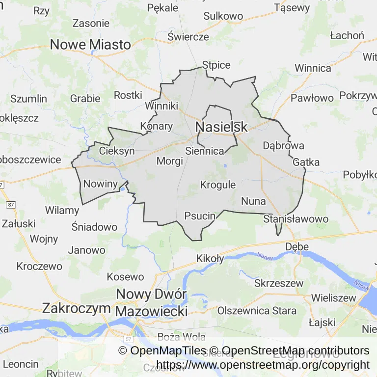 Mapa z zaznaczonym Nasielskiem
