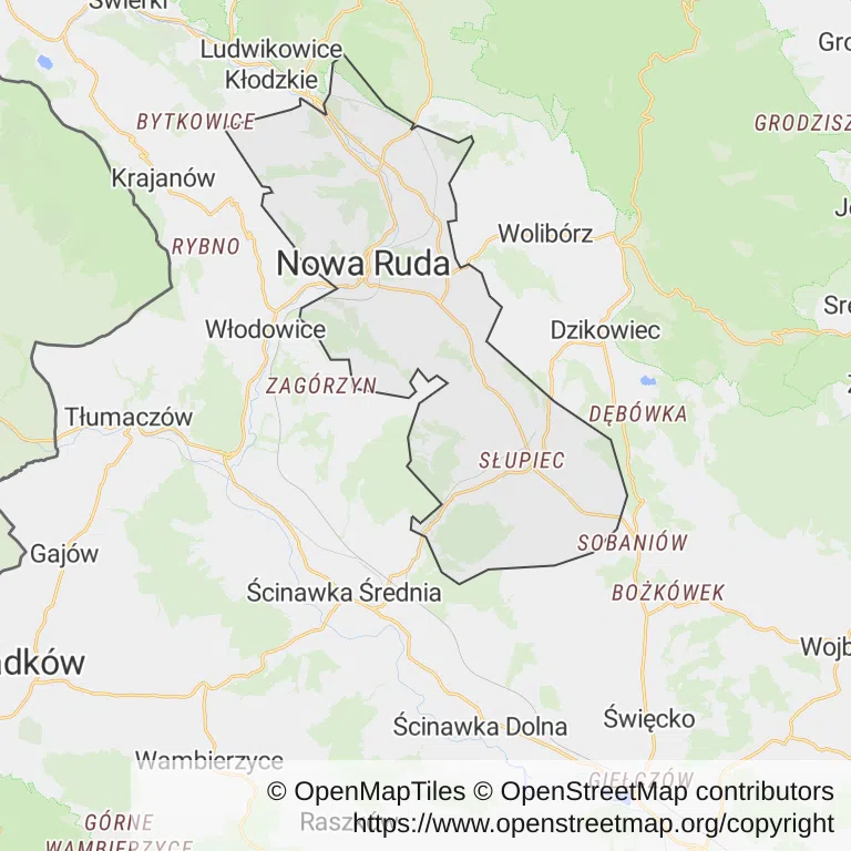 Mapa z zaznaczoną Nowej Rudzem