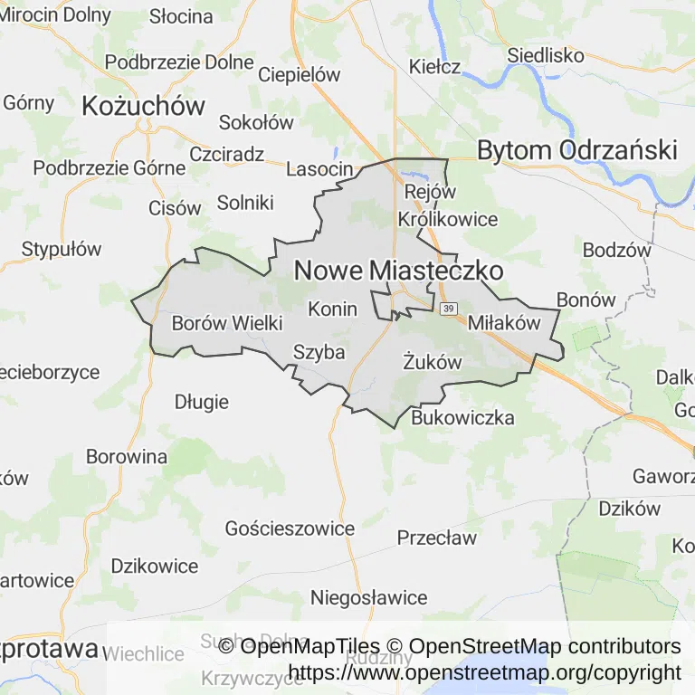 Mapa z zaznaczonym Nowym Miasteczkiem