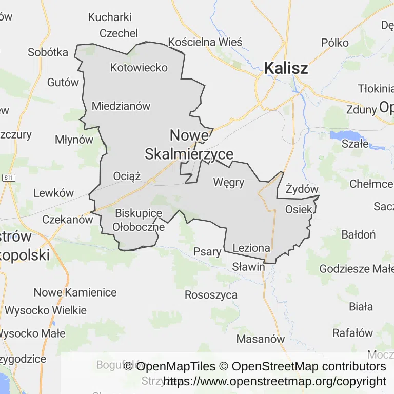 Mapa z zaznaczonymi Nowych Skalmierzycami