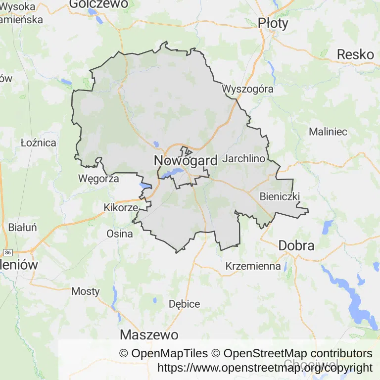 Mapa z zaznaczonym Nowogardzem