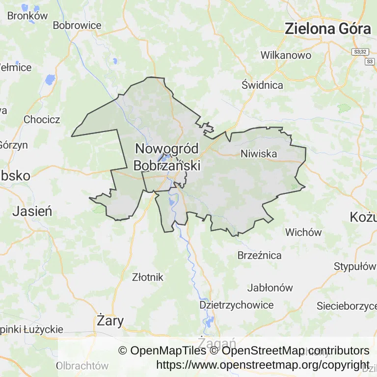Mapa z zaznaczonym Nowogrodzie Bobrzańskim