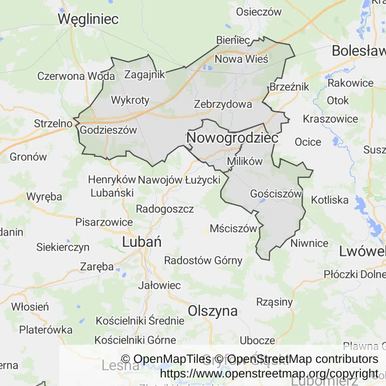 Mapa z zaznaczonym Nowogrodźcu