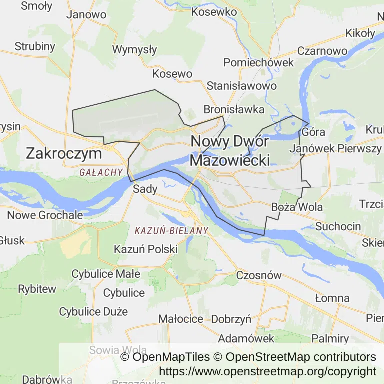 Mapa z zaznaczonym Nowym Dworze Mazowieckim