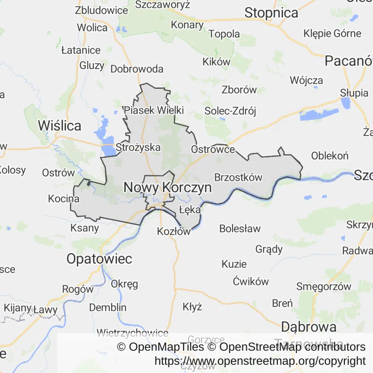 Mapa z zaznaczonym Nowym Korczynem