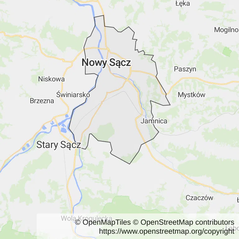 Mapa z zaznaczonym Nowym Sączem