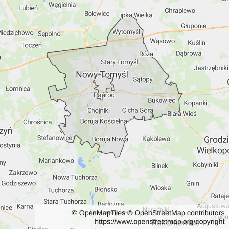 Mapa z zaznaczonym Nowym Tomyślu