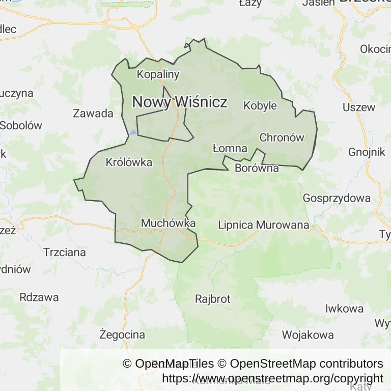 Mapa z zaznaczonym Nowym Wiśniczem