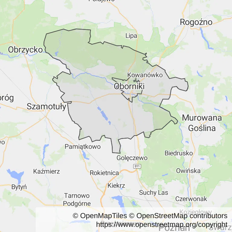 Mapa z zaznaczonym Obornikami