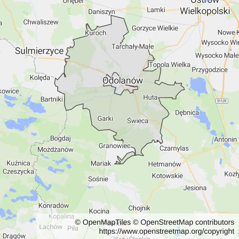 Mapa z zaznaczonym Odolanowem