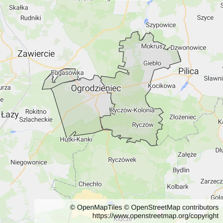Mapa z zaznaczonym Ogrodzieńcu