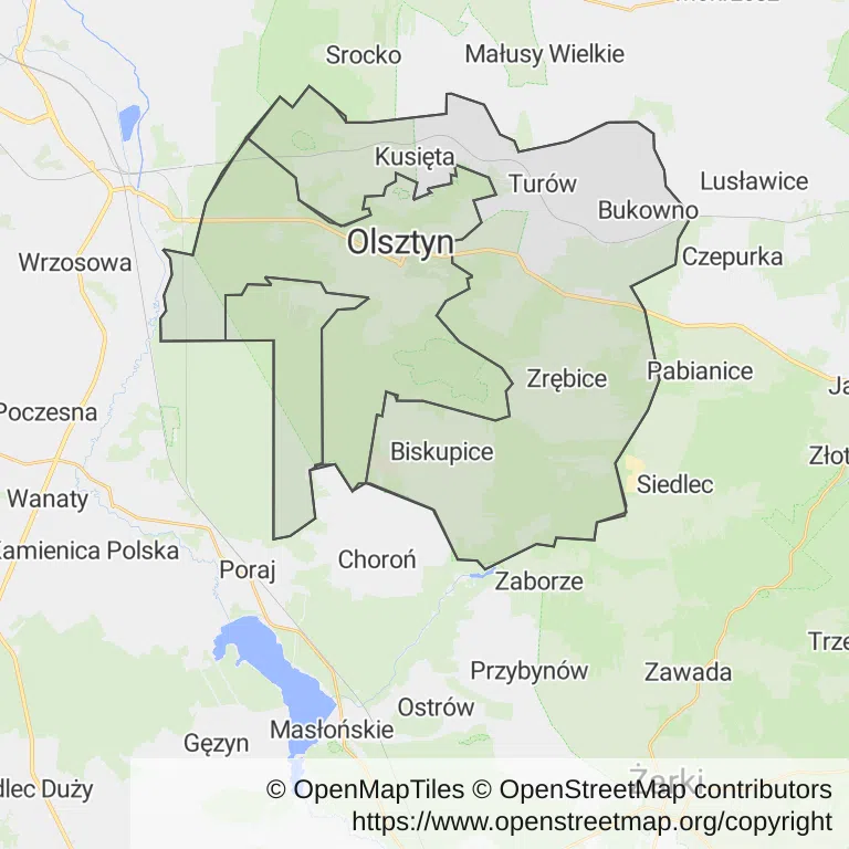 Mapa z zaznaczonym Olsztynem