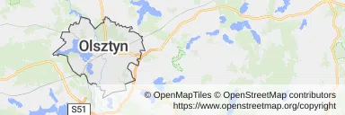 Mapa z zaznaczonym Olsztynem