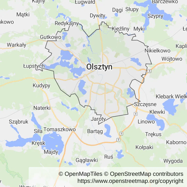 Mapa z zaznaczonym Olsztynem