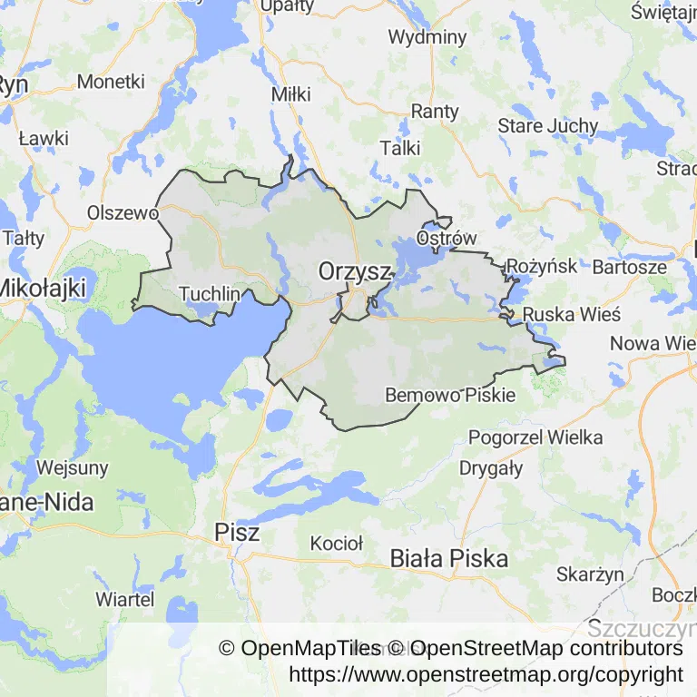 Mapa z zaznaczonym Orzyszem