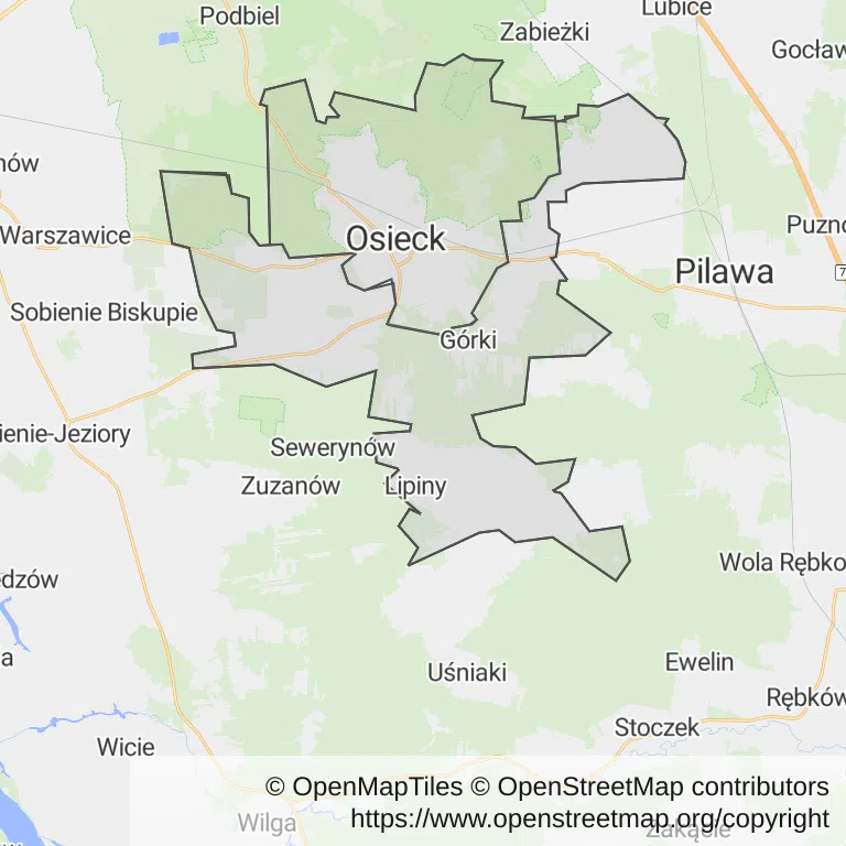 Mapa z zaznaczonym Osieckiem
