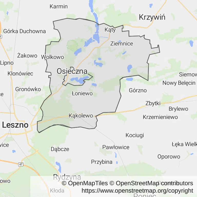 Mapa z zaznaczoną Osiecznej