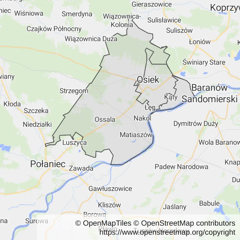 Mapa z zaznaczonym Osiekiem