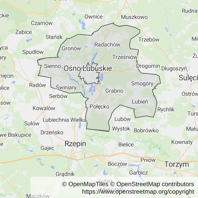 Mapa z zaznaczonym Ośnie Lubuskim