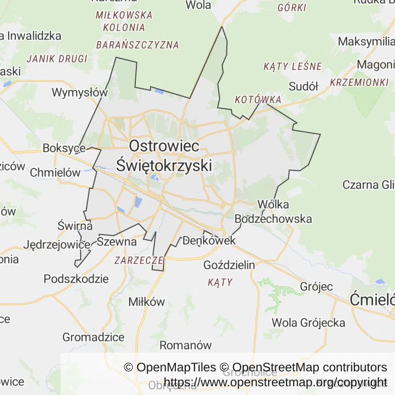 Mapa z zaznaczonym Ostrowcu Świętokrzyskim