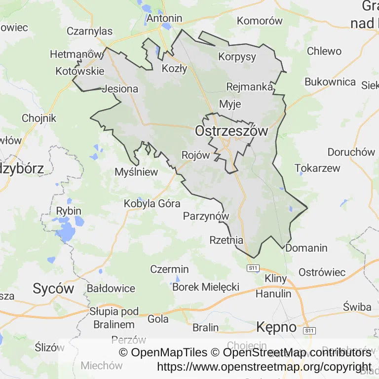 Mapa z zaznaczonym Ostrzeszowem