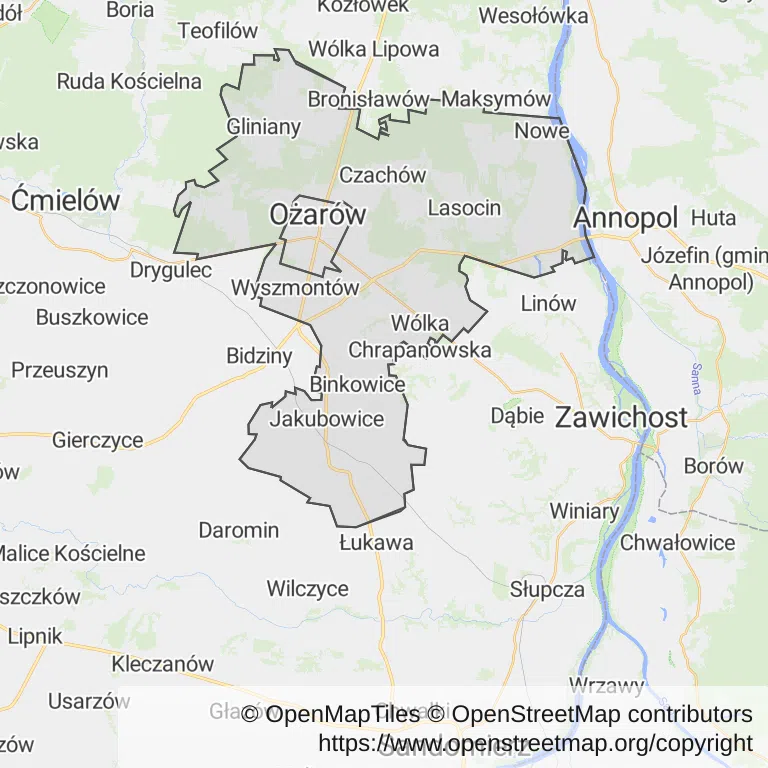 Mapa z zaznaczonym Ożarowem