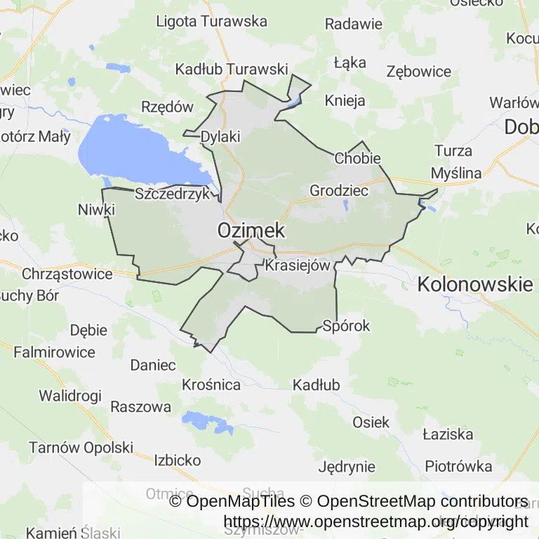 Mapa z zaznaczonym Ozimkiem