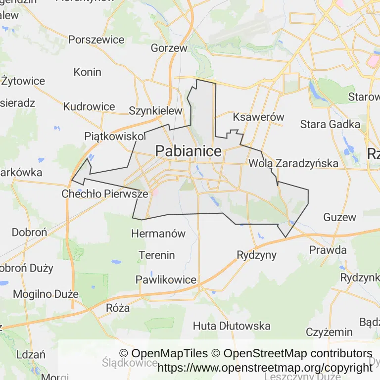 Mapa z zaznaczonymi Pabianicami