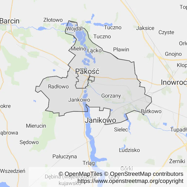 Mapa z zaznaczonym Pakości