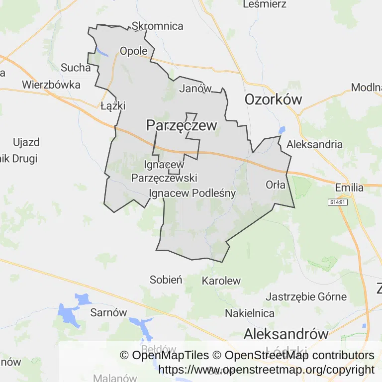 Mapa z zaznaczonym Parzęczewem