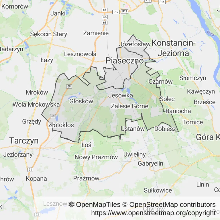 Mapa z zaznaczonym Piasecznem