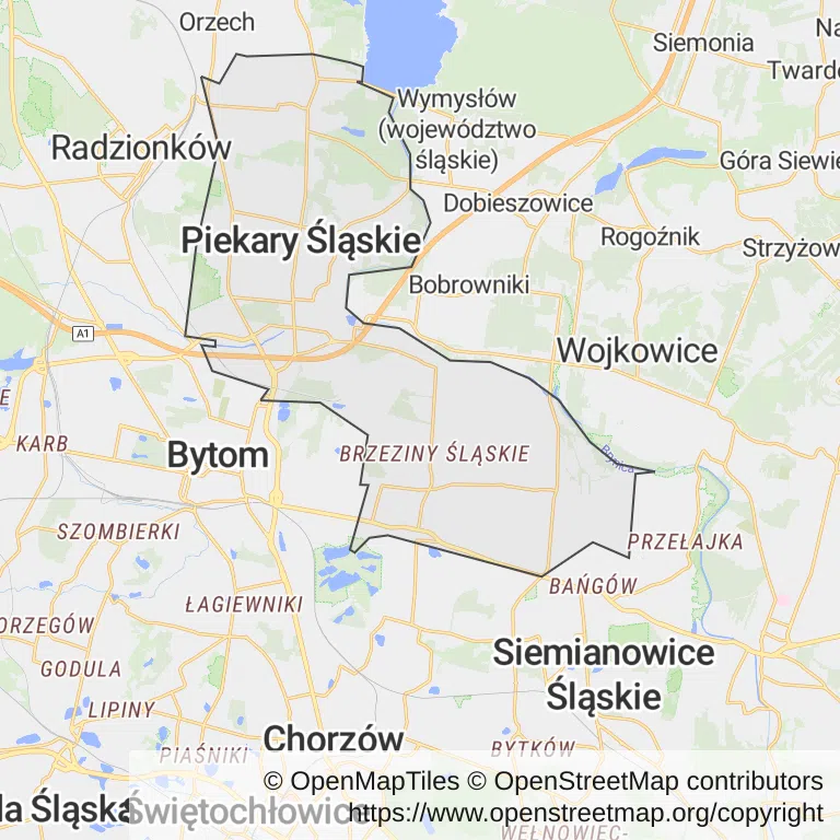 Mapa z zaznaczonym Piekarach Śląskich