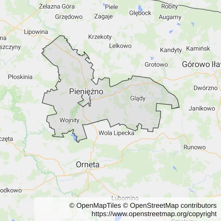 Mapa z zaznaczonym Pieniężnem