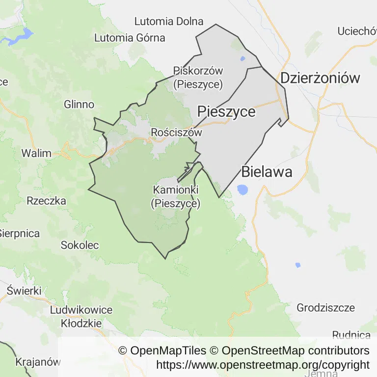 Mapa z zaznaczonymi Pieszycami