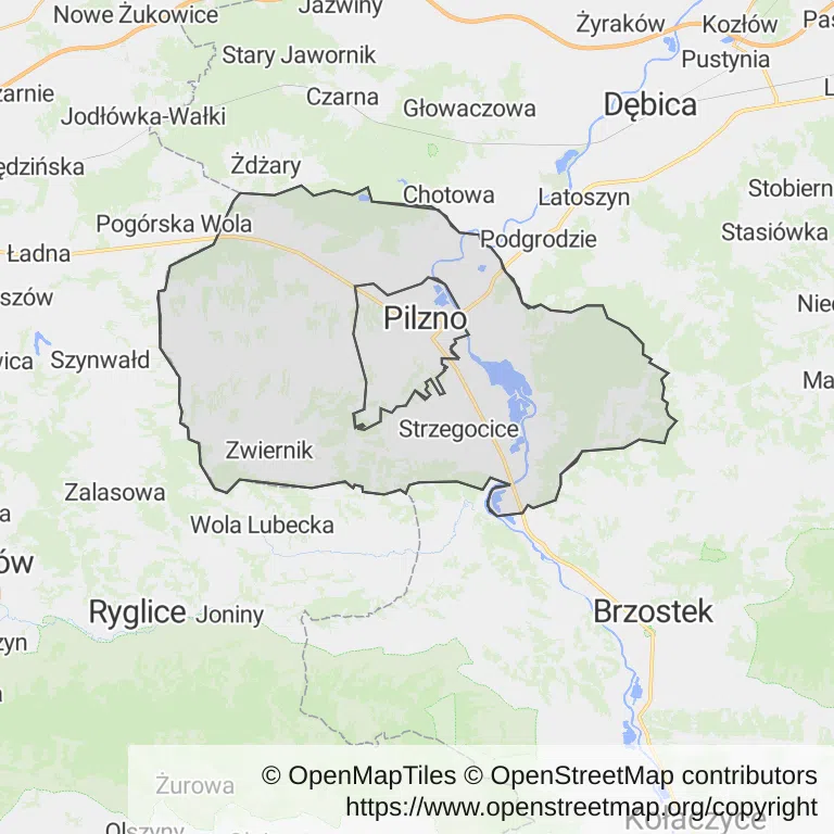 Mapa z zaznaczonym Pilźnem