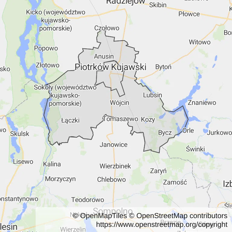 Mapa z zaznaczonym Piotrkowie Kujawskim