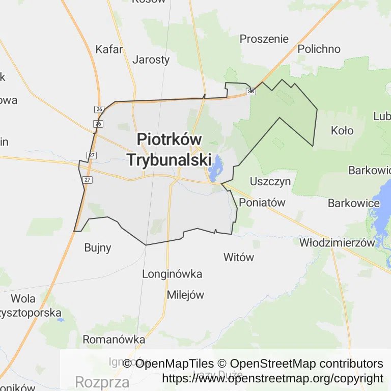 Mapa z zaznaczonym Piotrkowie Trybunalskim