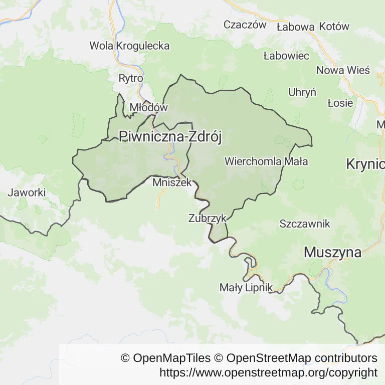 Mapa z zaznaczonym Piwnicznej-Zdroju