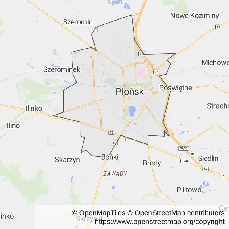 Mapa z zaznaczonym Płońskiem